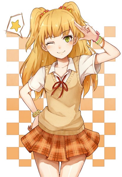Anime picture 750x1084 with idolmaster idolmaster cinderella girls jougasaki rika purea single long hair tall image looking at viewer blush fringe smile green eyes one eye closed wink two side up hand on hip checkered checkered background salute girl