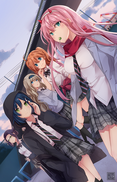 Anime picture 660x1020 with darling in the franxx studio trigger zero two (darling in the franxx) ichigo (darling in the franxx) kokoro (darling in the franxx) miku (darling in the franxx) ikuno (darling in the franxx) k-rumi long hair tall image fringe short hair breasts blue eyes hair between eyes brown hair large breasts standing twintails multiple girls