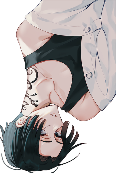 Anime picture 688x1024 with tokyo revengers sano manjirou suusuke single tall image looking at viewer short hair black hair simple background white background upper body black eyes tattoo upside down boy buttons