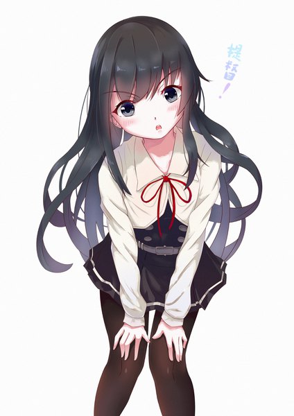 Anime picture 2480x3507 with kantai collection asashio destroyer gh (chen ghh) single long hair tall image blush highres open mouth blue eyes black hair white background girl dress pantyhose black pantyhose