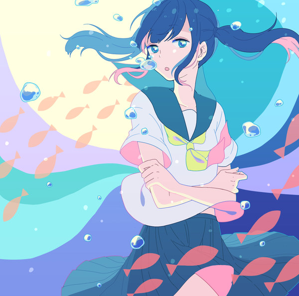 Anime picture 1500x1486 with original shi oo single long hair looking at viewer blue eyes twintails payot blue hair floating hair crossed arms underwater girl uniform animal serafuku bubble (bubbles) fish (fishes)