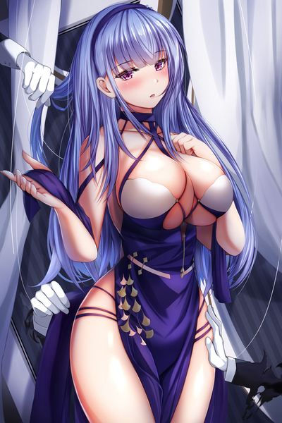 Anime picture 1400x2100 with azur lane dido (azur lane) dido (anxious bisque doll) (azur lane) tiri man long hair tall image looking at viewer blush fringe breasts open mouth light erotic large breasts standing purple eyes holding payot blue hair blunt bangs :o