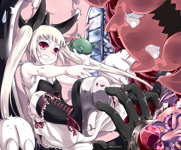 Anime picture 1200x995 with blazblue rachel alucard truth and fate (artist) red eyes twintails white hair loli girl bow hair bow animal boots blood monster frog