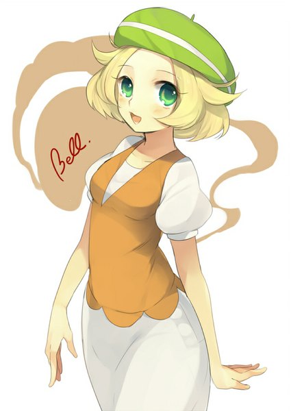 Anime picture 601x848 with pokemon pokemon black and white nintendo bianca (pokemon) kippu single tall image looking at viewer blush short hair open mouth simple background blonde hair white background green eyes puffy sleeves character names girl beret