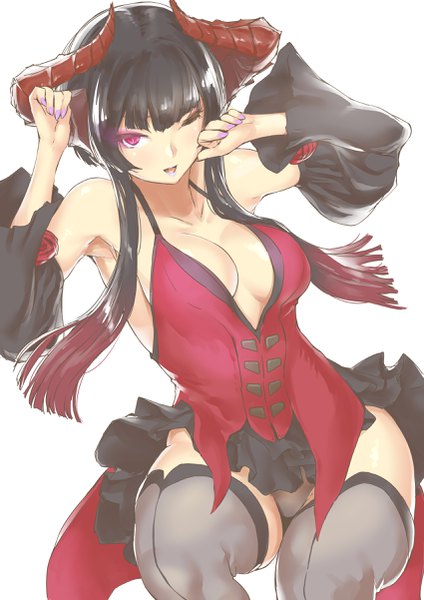 Anime picture 1700x2404 with tekken tekken 7 namco (studio) eliza (tekken) nukkoru single long hair tall image fringe breasts open mouth light erotic black hair simple background large breasts white background payot cleavage blunt bangs nail polish