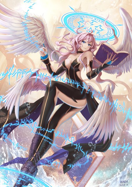 Anime picture 848x1200 with puzzle & dragons archangel metatron (p&d) zeroshiki kouichi single long hair tall image fringe breasts blue eyes light erotic signed pink hair magic dated angel wings girl gloves wings choker book (books)