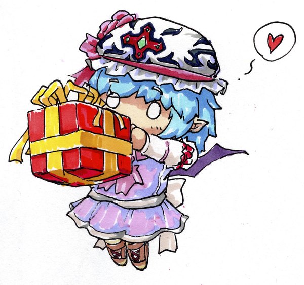 Anime picture 1199x1126 with touhou remilia scarlet hupose deheluo single short hair simple background white background blue hair pointy ears chibi traditional media o o girl dress hat wings heart bonnet gift gift box