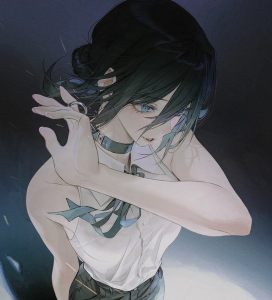 Anime picture 879x970 with chainsaw man mappa reze (chainsaw man) wanke single tall image fringe short hair blue eyes black hair simple background hair between eyes looking away upper body from above hair bun (hair buns) sleeveless girl choker
