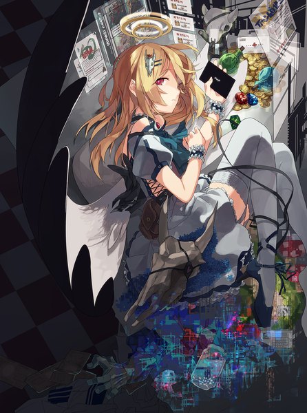 Anime picture 1433x1928 with original hitogome single long hair tall image looking at viewer red eyes brown hair bare shoulders lying short sleeves high heels puffy sleeves on side light checkered floor floor angel girl thighhighs