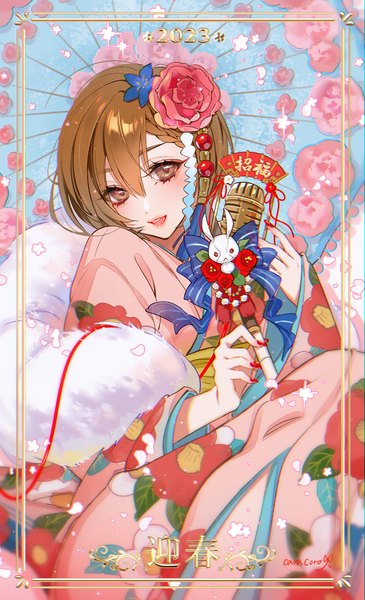 Anime picture 895x1471 with vocaloid meiko caracoro single tall image looking at viewer fringe short hair hair between eyes brown hair brown eyes nail polish traditional clothes japanese clothes floral print framed new year red nail polish 2023 girl