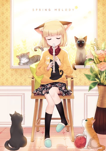 Anime picture 1240x1754 with original minari tall image short hair blonde hair sitting animal ears eyes closed sunlight cat ears cat girl girl skirt flower (flowers) socks window black socks cat sweater musical instrument