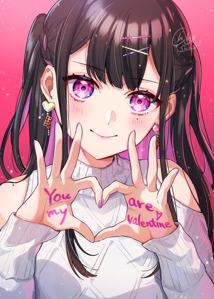 Anime picture 916x1280 with original piroshiki123 single long hair tall image blush black hair simple background smile bare shoulders upper body nail polish pink eyes multicolored hair two side up text pink background colored inner hair english valentine