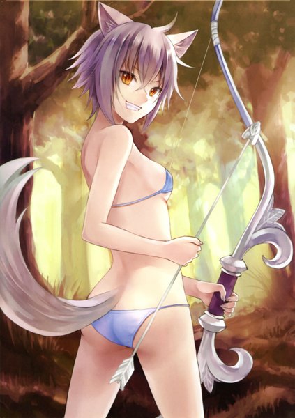 Anime picture 4106x5822 with genkai tokki monster monpiece fukahire (ruinon) single tall image looking at viewer fringe highres short hair light erotic smile standing holding animal ears absurdres purple hair ass tail animal tail sunlight orange eyes