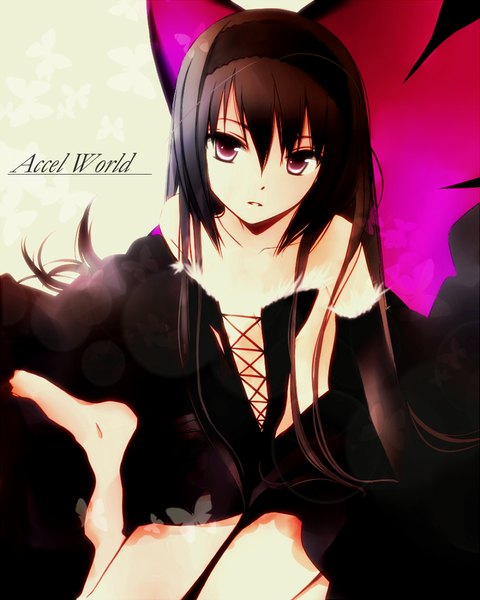 Anime picture 800x1000 with accel world sunrise (studio) kuroyukihime tsukimori usako single long hair tall image looking at viewer black hair sitting bare shoulders barefoot from above inscription copyright name girl dress gloves wings elbow gloves