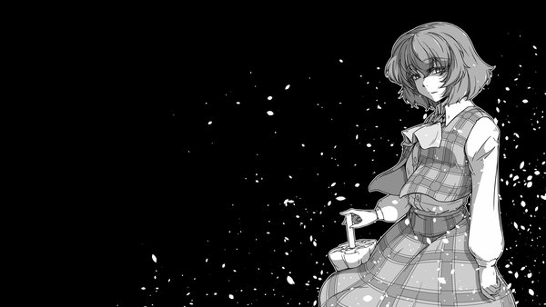 Anime picture 1920x1080 with touhou kazami yuuka sunatoshi single looking at viewer fringe highres short hair simple background hair between eyes wide image upper body light smile wind wallpaper black background monochrome plaid closed umbrella outline