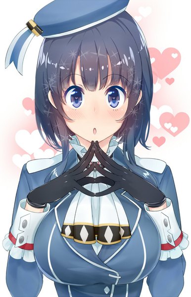 Anime picture 644x1000 with kantai collection takao heavy cruiser amayu single tall image blush short hair breasts blue eyes black hair large breasts upper body fingers together girl gloves black gloves heart beret sleeve cuffs