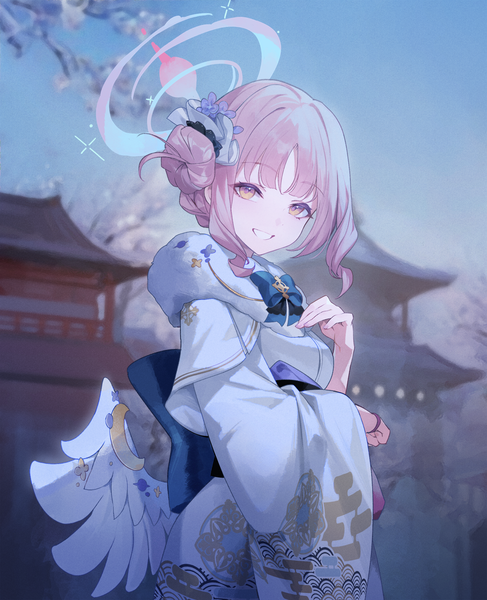 Anime picture 1625x2000 with blue archive mika (blue archive) hillly (maiwetea) single tall image looking at viewer short hair smile yellow eyes pink hair sky outdoors traditional clothes japanese clothes hair bun (hair buns) grin white wings architecture low wings east asian architecture
