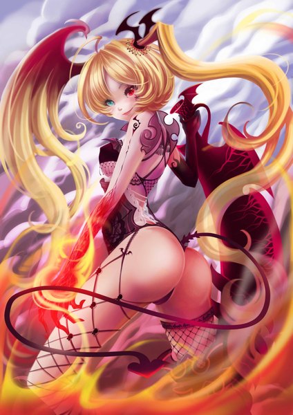 Anime picture 2894x4093 with original sunday haruko single long hair tall image highres light erotic blonde hair twintails bare shoulders cloud (clouds) ass tail heterochromia girl thighhighs gloves elbow gloves fire fishnet stockings