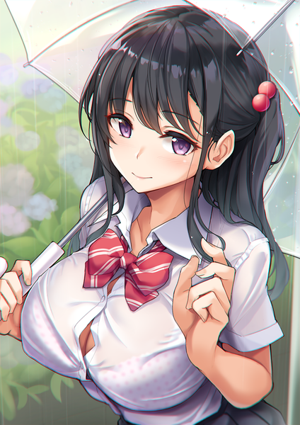 Anime picture 827x1170 with original kurenai hanpen single long hair tall image looking at viewer blush fringe breasts light erotic black hair smile large breasts standing purple eyes holding payot upper body outdoors short sleeves