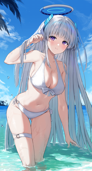 Anime picture 2500x4679 with blue archive noa (blue archive) kuuhaku (wutt5584) single tall image looking at viewer blush fringe highres breasts light erotic large breasts standing purple eyes sky cleavage silver hair cloud (clouds) outdoors blunt bangs