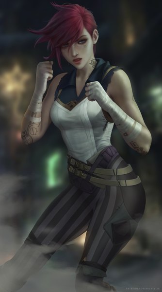 Anime picture 3900x7000 with arcane: league of legends league of legends vi (league of legends) wickellia single tall image looking at viewer fringe highres short hair open mouth blue eyes hair between eyes standing absurdres outdoors red hair realistic arms up tattoo