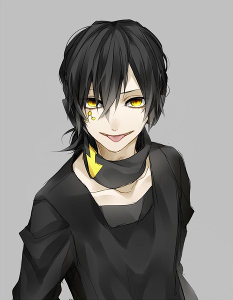 Anime picture 1000x1285 with kagerou project shaft (studio) konoha (kagerou project) kuroha hanasato (okashino) single tall image looking at viewer fringe short hair black hair simple background hair between eyes yellow eyes upper body grey background boy tongue headphones directional arrow