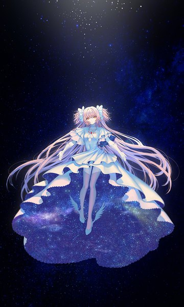 Anime picture 1000x1667 with mahou shoujo madoka magica shaft (studio) kaname madoka goddess madoka hei yu single tall image looking at viewer pink hair full body very long hair orange eyes two side up spread arms starry sky print space print girl thighhighs dress gloves