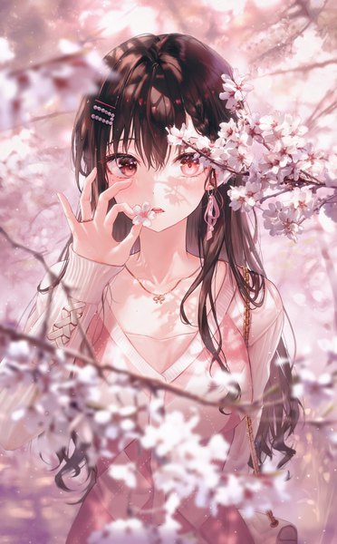 Anime picture 1000x1615 with original tokkyu single long hair tall image looking at viewer fringe open mouth black hair hair between eyes standing holding upper body outdoors long sleeves pink eyes mole depth of field mole under eye cherry blossoms