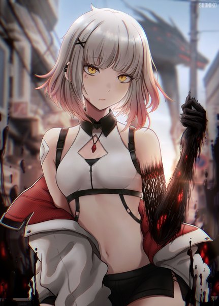 Anime picture 1471x2048 with original suoniko single tall image short hair yellow eyes looking away silver hair outdoors midriff girl navel hair ornament x hair ornament crop top