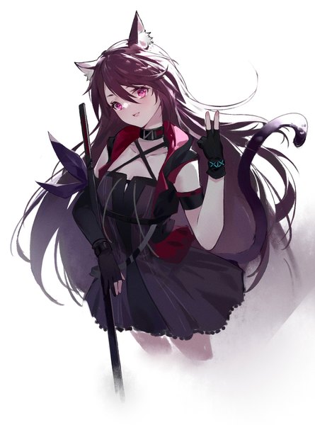 Anime picture 1198x1616 with arknights melantha (arknights) woodylixx single long hair tall image looking at viewer fringe simple background hair between eyes standing white background purple eyes animal ears purple hair tail animal tail cat ears cat girl cat tail