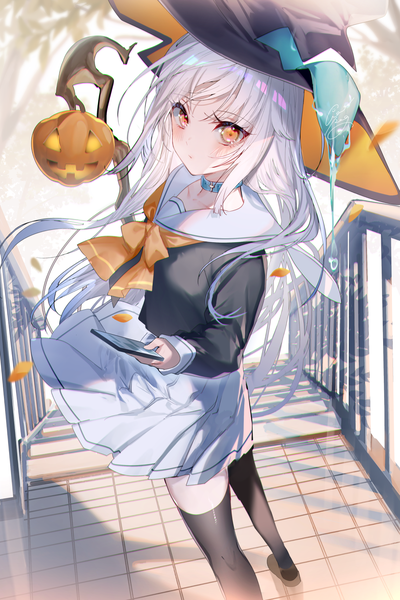 Anime picture 1091x1637 with original miwano rag single long hair tall image looking at viewer blush fringe standing holding silver hair outdoors long sleeves pleated skirt wind halloween wind lift girl thighhighs skirt