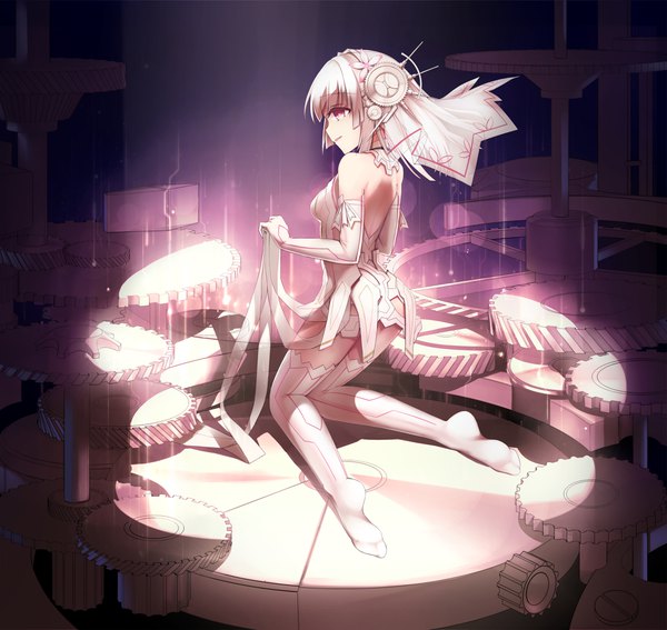 Anime picture 4228x3996 with clockwork planet ryuzu (clockwork planet) aoi kao (lsz7106) single long hair highres breasts open mouth light erotic bare shoulders absurdres full body bent knee (knees) ass white hair indoors profile pink eyes hair flower no shoes