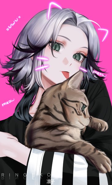 Anime picture 4000x6578 with original ringeko-chan single tall image looking at viewer fringe highres short hair simple background green eyes signed animal ears absurdres silver hair upper body multicolored hair two-tone hair streaked hair fake animal ears striped