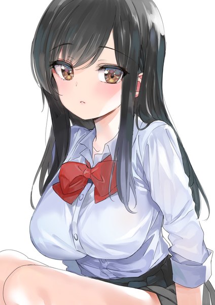 Anime picture 800x1131 with original emily (pure dream) single long hair tall image looking at viewer blush fringe breasts black hair simple background large breasts white background sitting brown eyes payot parted lips pleated skirt girl skirt