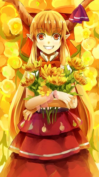 Anime picture 800x1422 with touhou ibuki suika nishiuri (artist) single long hair tall image looking at viewer blush blonde hair smile red eyes horn (horns) pointy ears girl dress flower (flowers) bow hair bow bouquet
