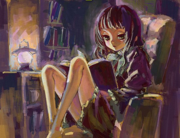Anime picture 1258x967 with touhou houraisan kaguya ama-tou single long hair black hair sitting black eyes girl dress book (books) lamp armchair