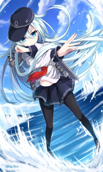 Anime picture 1053x1750 with kantai collection hibiki destroyer rin yuu single tall image blue eyes sky cloud (clouds) white hair very long hair pleated skirt battle girl skirt pantyhose sea sailor suit flat cap anchor symbol