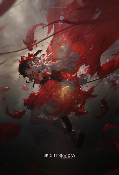 Anime picture 1200x1772 with touhou hakurei reimu mivit single long hair tall image looking at viewer black hair brown eyes light smile character names text torn clothes underwater english girl dress hair ornament ribbon (ribbons) bow