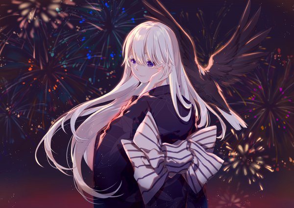 Anime picture 1048x743 with azur lane enterprise (azur lane) miyuki (miyuki0529) single long hair fringe smile hair between eyes standing purple eyes silver hair outdoors traditional clothes japanese clothes looking back wind night adjusting hair fireworks animal on shoulder