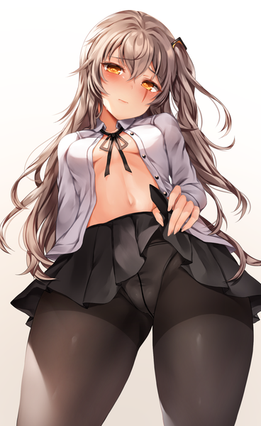 Anime picture 1350x2200 with girls frontline ump45 (girls frontline) zerocat single long hair tall image looking at viewer blush fringe breasts light erotic simple background hair between eyes brown hair standing white background yellow eyes pleated skirt from below open shirt