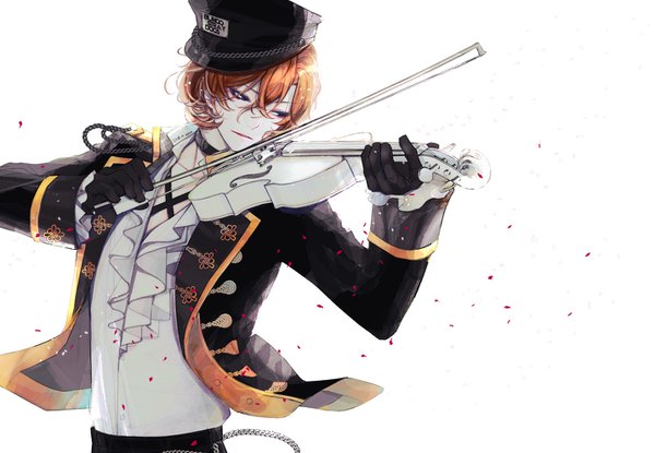 Anime picture 1430x990 with bungou stray dogs studio bones nakahara chuuya fortynine49ho single fringe short hair simple background hair between eyes standing white background holding signed looking away upper body head tilt black eyes orange hair copyright name dated