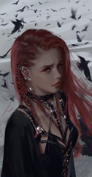 Anime picture 5000x9644 with ghost blade lenia wlop single long hair tall image looking at viewer highres red eyes absurdres upper body red hair braid (braids) lips piercing ear piercing side braid frown asymmetrical hair girl