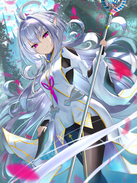 Anime picture 1110x1482 with fate (series) fate/grand order fate/prototype merlin (fate/prototype) inari (ambercrown) single tall image fringe smile hair between eyes silver hair ahoge very long hair pink eyes pointy ears girl petals pantyhose black pantyhose staff