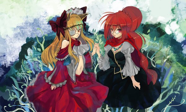 Anime picture 1200x720 with original pixiv fantasia pixiv fantasia v gond long hair blonde hair red eyes wide image bare shoulders multiple girls animal ears red hair midriff holding hands girl dress navel flower (flowers) 2 girls glasses