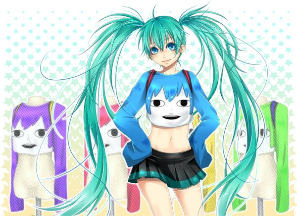 Anime picture 1300x945 with vocaloid hatsune miku ao+beni single long hair blue eyes twintails ahoge long sleeves aqua hair hands on hips girl skirt navel miniskirt