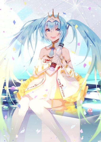 Anime picture 606x853 with vocaloid goodsmile racing hatsune miku racing miku racing miku (2015) lloule single tall image looking at viewer open mouth blue eyes smile sitting twintails bare shoulders blue hair very long hair :d girl thighhighs