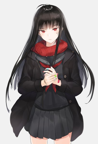 Anime picture 1185x1737 with original kachi single long hair tall image looking at viewer fringe black hair simple background red eyes standing ahoge nail polish pleated skirt fingernails grey background open clothes bandaid on hand girl skirt