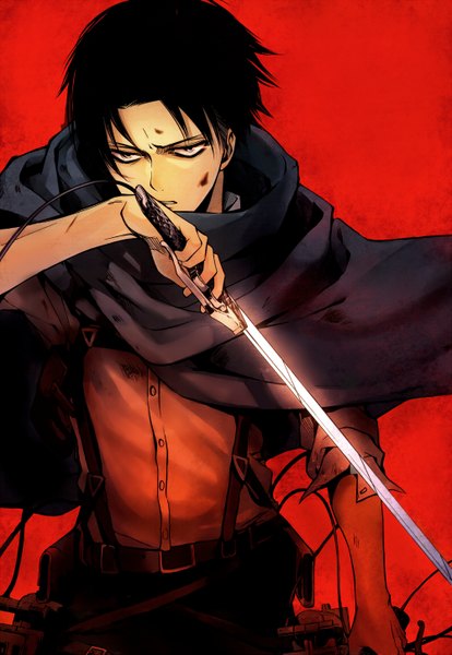 Anime picture 1000x1447 with shingeki no kyojin production i.g levi (rivaille) single tall image short hair black hair looking away red background serious boy belt blood cape pants buttons suspenders