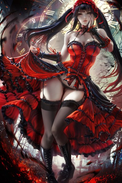 Anime picture 2333x3500 with date a live tokisaki kurumi sakimichan single long hair tall image looking at viewer fringe highres breasts light erotic black hair red eyes large breasts standing twintails bare shoulders yellow eyes payot cleavage