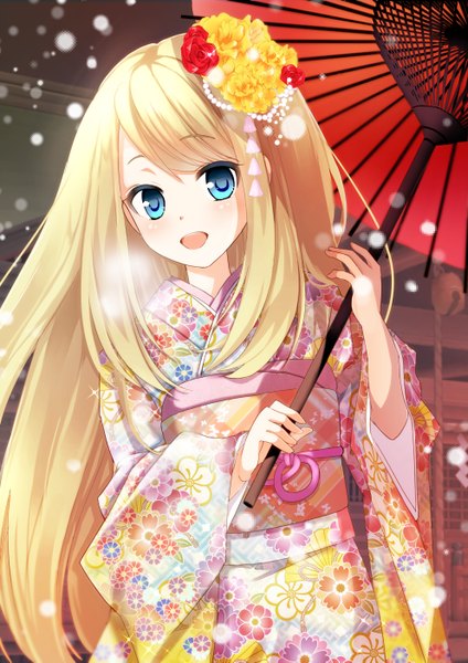 Anime-Bild 992x1403 mit original izumil single long hair tall image looking at viewer open mouth blue eyes blonde hair holding traditional clothes japanese clothes hair flower wide sleeves snowing winter hair ornament flower (flowers) kimono umbrella
